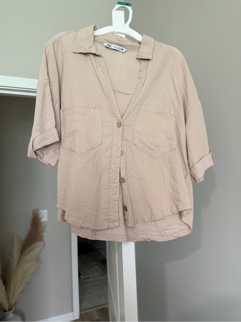 Zara Soft Taupe Button-Down Linen-Blend Shirt